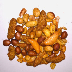 Taco Mix containing Virginia Peanuts, Spanish Peanuts, Sesame Sticks, Chili Bits, Sunflower Seeds, Peanut Oil, Salt & Chili Powder