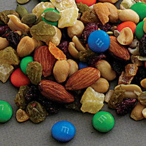 Y2K trail mix with almonds, m&ms, raisins, and peanuts